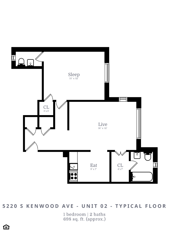 Floor plan for 1 bed, 1 bath, 698 sqft